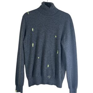 Uniqlo Fluorescent Yellow Scatter Stitch Grey Turtleneck Cashmere Sweater Small